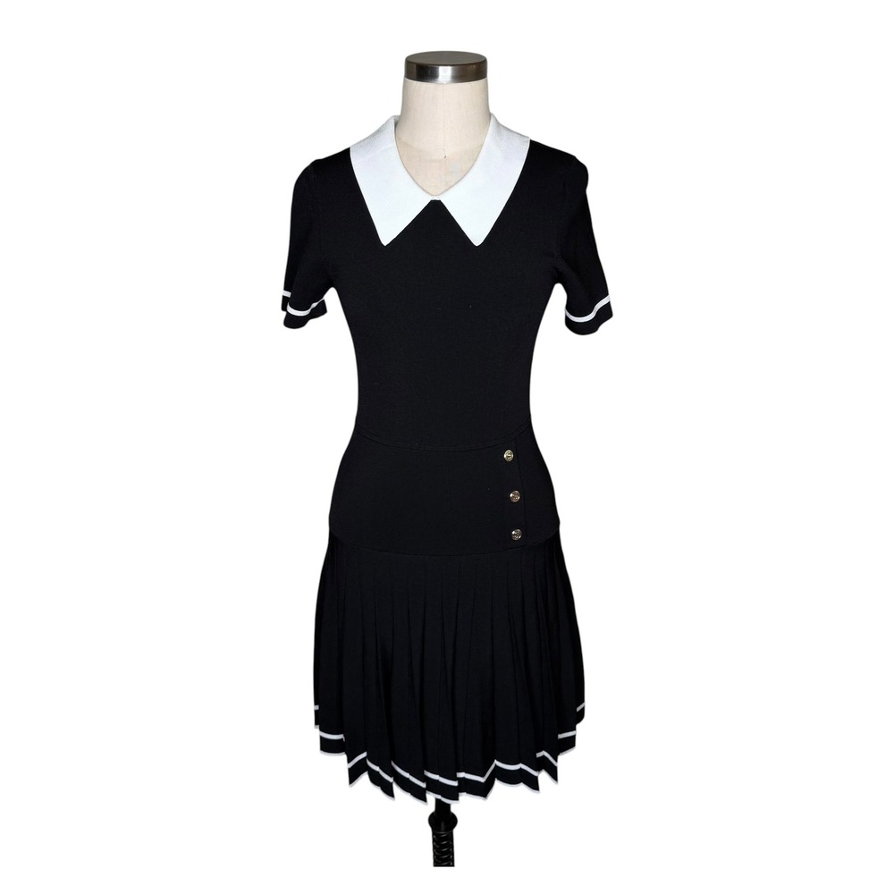 SANDRO Knit Mini Dress Black White Peter Pan Collar Pleated Women's 38 US Small